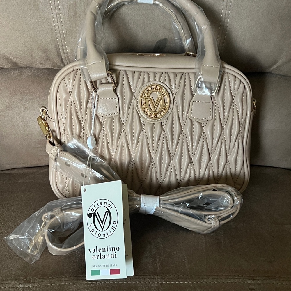 Valentino Orlandi Taupe Quilted Satchel Handbag w/ Gold Logo – New w/ Tags